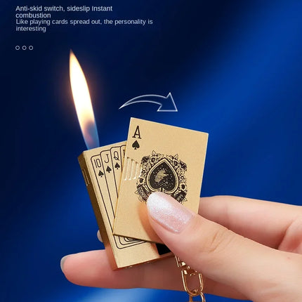 Metal Poker Keychain Pendant Inflatable Lighter Mini Compact Side Slip Butane Open Fire Outdoor Portable Lighter Men's Gift