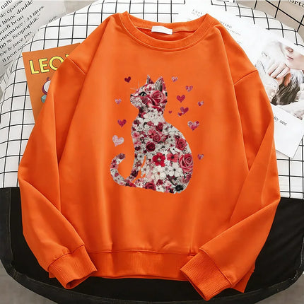 Love Cat Gothic Womens Solid Hoodies Basic Warm Fleece Sweatshirt Soft Breathable O-Neck Pullover Casual Female Clothes