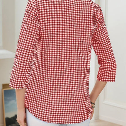 Plus Size Spring Autumn Women Fine Plaid Fashion Long Sleeve V-Neck Blouse Slim Fit Temperament Top Belly Covering Small Shirts