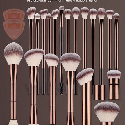 22pcs Professional Makeup Tools Set With Velvet Bag,20pcs Soft Long Aluminum Tube Makeup Brush Set+2pcs Powder Puffs Accessories