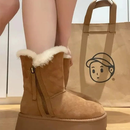 Luxury Winter Women Long Plush Warm Snow Boots Casual Shoes New Suede Fur Chelsea Ankle Boots Flats Platform Ladies Thick Shoes