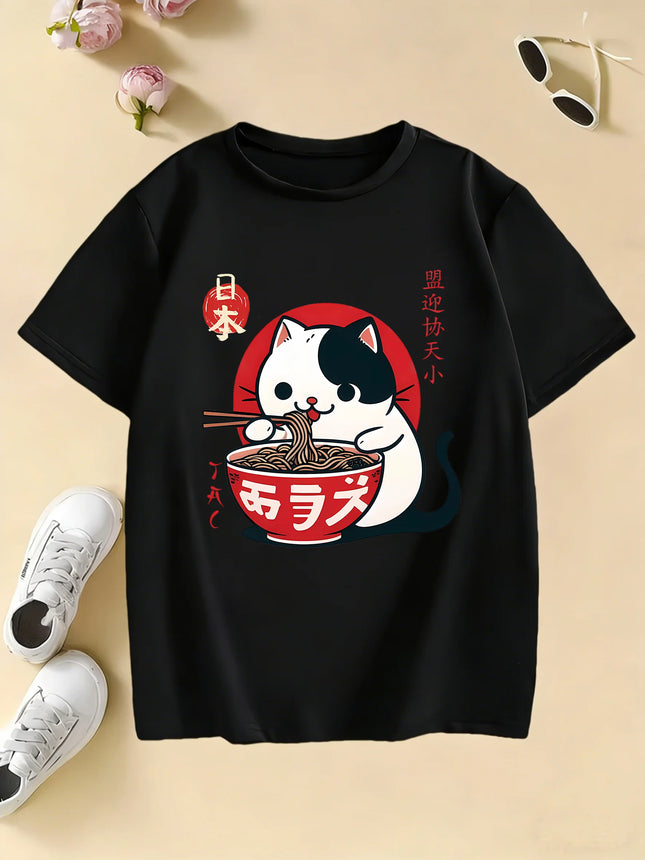 Japanese Style Cat Eating Ramen Design T-Shirts Manga Kids Children's T-shirt Boys Girls Summer Spring Casual Top Tee