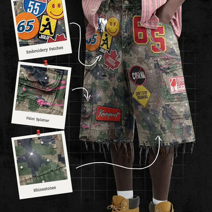 Retro Blue Patchwork Denim Short Y2k Jeans Men Women Hip Hop Streetwear Cartoon Graphics Loose Camo Denim Fitness Casual Shorts