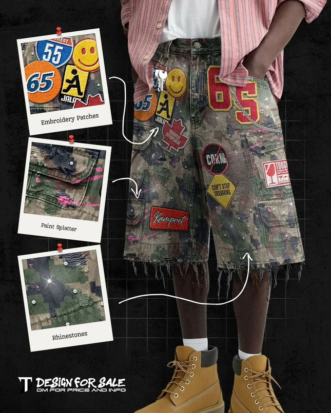Retro Blue Patchwork Denim Short Y2k Jeans Men Women Hip Hop Streetwear Cartoon Graphics Loose Camo Denim Fitness Casual Shorts