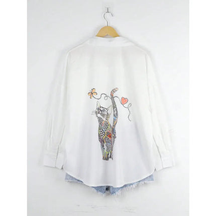 Plus Size 1XL-5XL Women's Fashion Spring Autumn Cat Print Blouse Shirt Women's Casual White Shirt Tops