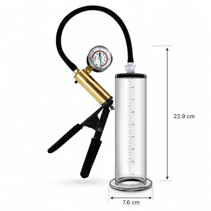 Male Acrylic Cylinder Vacuum Pump Sex Toy with Black Hose Metal Gauge Hand Pump and Man Masturbation Accessories