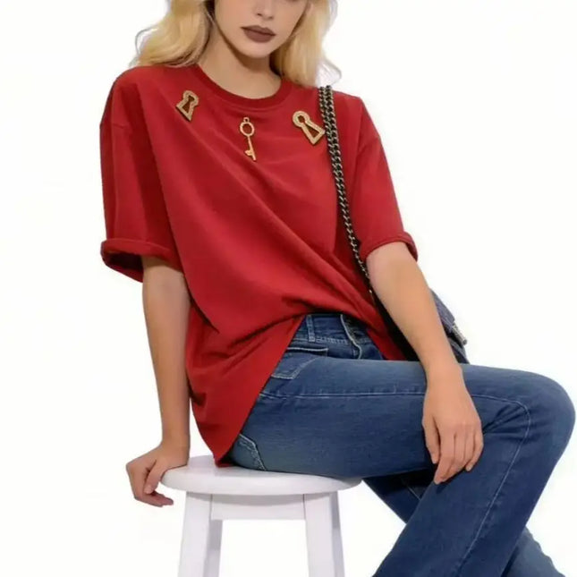 Hollow Out Spliced Metal Buckle T Shirts For Women O-neck Short Sleeve Minimalist Slimming T Shirt Female 2026