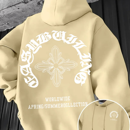 Gothic Letter Cross Pattern Men's Hoodie with Vintage Print, Loose Fit, Suitable for Autumn Winter with A Hooded Pullover Design