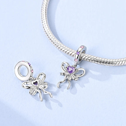 925 Sterling Silver Inlaid Heart-Shaped Beads & Rose Dangle Charm Fits Snake Bracelet Boutique Necklace Purple Pendant Gift