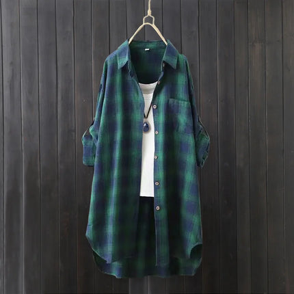 Long-sleeved shirt jacket for women retro large size loose butt-covering long cotton and linen top with plaid shirt