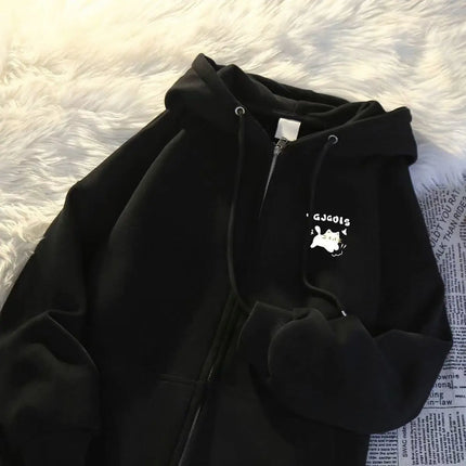 American Style Cat Print Open Cardigan Hoodie Jacket Loose Fit Long Sleeve Polyester Comfortable Casual Commute Style for Women