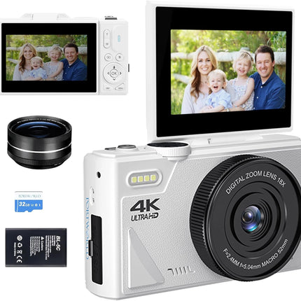 4K Digital Camera for Photography 64MP WiFi Video Camera for YouTube 18X Digital Zoom Auto-focus Vlog Cameras with Flip Screen