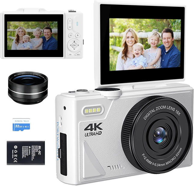 4K Digital Camera for Photography 64MP WiFi Video Camera for YouTube 18X Digital Zoom Auto-focus Vlog Cameras with Flip Screen
