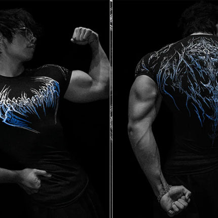 Men's Compression Sports Shirt Tee Gothic Lightning Print GYM Fitness Top Summer Quick Dry Breathable Bodybuilding T-shirt