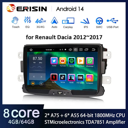 Erisin ES8529D 8" Android 14 Car Stereo For Renault Dacia Duster Logan Sandero Dokker Radio GPS Sat CarPlay Auto 4G WiFi DSP IPS