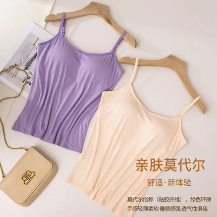 2020 Women Solid Tank Tops Adjustable Strap Built In Cup Padded Wireless Camisole Camis Vest Female Home Basic Tank Top