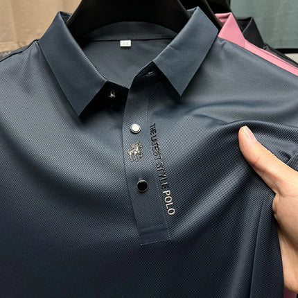 High End Brand New Summer Solid Color Silk Cotton High-quality Short Sleeved Polo Men's Fashionable Business Seamless Casual Top