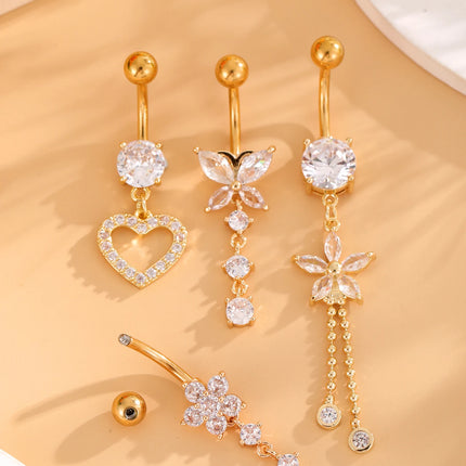 3-5pcs Mixed-Style Sets Heart Flower Dangle Belly Button Rings Stainless Steel Butterfly Curved Zircon Belly Piercing Navel Ring