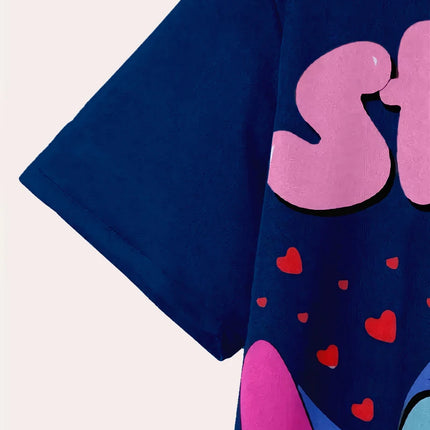 Men Disney Stitch T-Shirt, Cartoon Heart Balloon Design Casual Streetwear Top