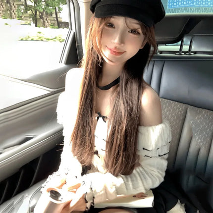 Japanese Sweet Lace Up Patchwork Sexy Sets Bow Long Sleeved T-shirt Women + Solid Casual Cake Skirt Suit Cute Two Piece Set 2024