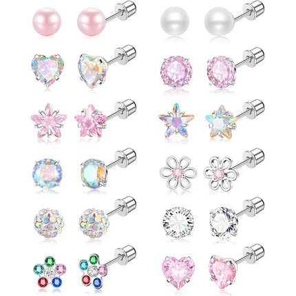 Hypoallergenic Spiral Earrings for Ladies Surgery Steel Cute Heart CZ Flowers Pearl Ball Small Stud Earrings for Girls