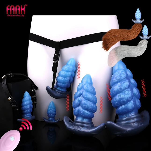 FAAK Silicone Wearable Anal Plug with Large Tail size S M L XL XXL Wireless Control Strap-on Vibrator BDSM Flirting Sex Toys