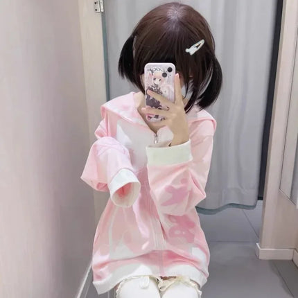 Harajuku Kawaii Sailor Collar Coat Women New  Pink Cardigan Y2k E-Girl Long Sleeve Loose Tops Mujer Sweatshirt
