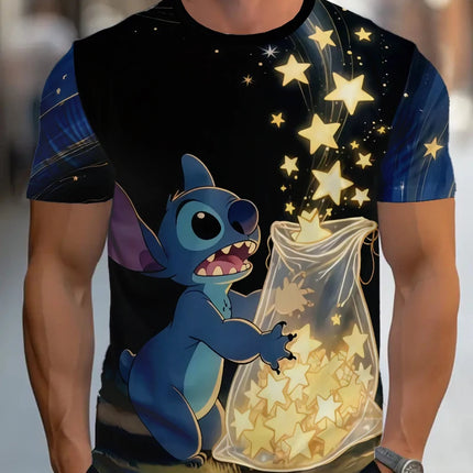 Cute Stitch Holding Stars Bag Print T-shirt Men Streetwear Cartoon Graphic Tops