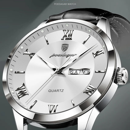 POEDAGAR Classic Luxury Men's Wristwatch Date Week Leather Business Man Watch Waterproof Luminous Fashion Quartz Watches For Men
