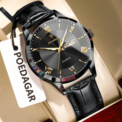 POEDAGAR Original Luxury Men's Wristwatch Leather Date Week Quartz Fashion Men Watch Waterproof Luminous Classic Watches For Men