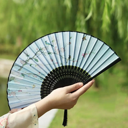 Retro Flower Pattern Home Decoration Elegent Bamboo Folding Fan Chinese Style Painting Handheld Fan Dance Performance Props