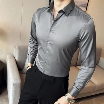 Seamless silk business casual shirt, long sleeved white non ironing elastic silk sliding cross shirt, men's formal wear