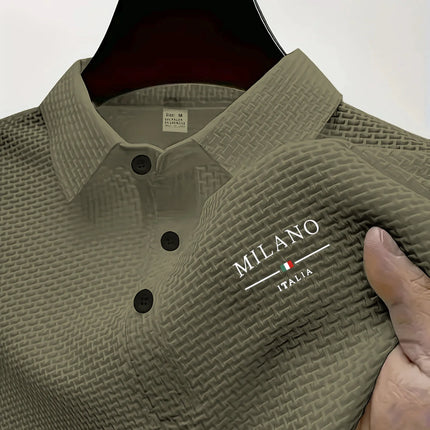 Mens Milano Italia Letter Jacquard Polo Shirt Breathable Quick Dry Fabric Casual Business Outdoor Daily Short Sleeve Top