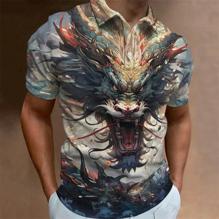 Dragon Pattern Polo Shirt For Men Animal 3D Printed T-Shirts Outdoor Fashion Casual Loose Oversized Street Lapel Top Button Tees