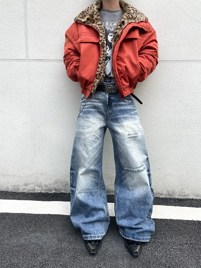 Retro Washed American Street Knife Cut Loose Casual Jeans Men Women Straight Leg Jeans mid Waist Zipper Spring Season