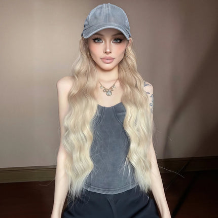 Light Golden Wavy Baseball Cap Integrated Wig, Ash-Toned Cap Design, Korean-Style Versatile Synthetic Wig Hat, for Daily Outings