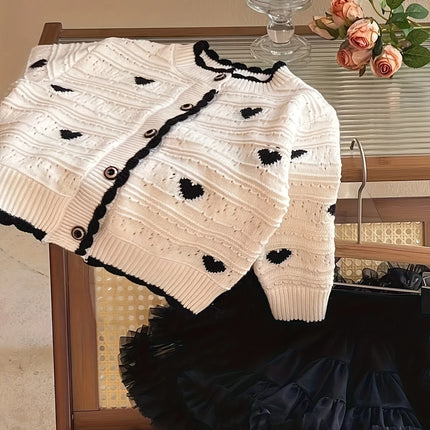 Girls' New Autum Sweater Cardigan, Fashionable and Versatile Single-Breasted Heart Long-Sleeved Korean Style Baby Girl's Jacket