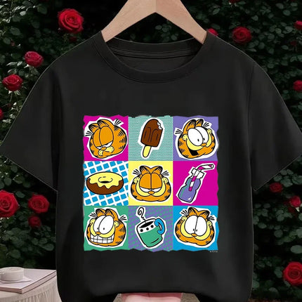 Garfield Cartoon Crew Neck T-Shirt Children Boys Girls Summer Cute Kawaii Fashion Street Casual Tops 3-14 Years
