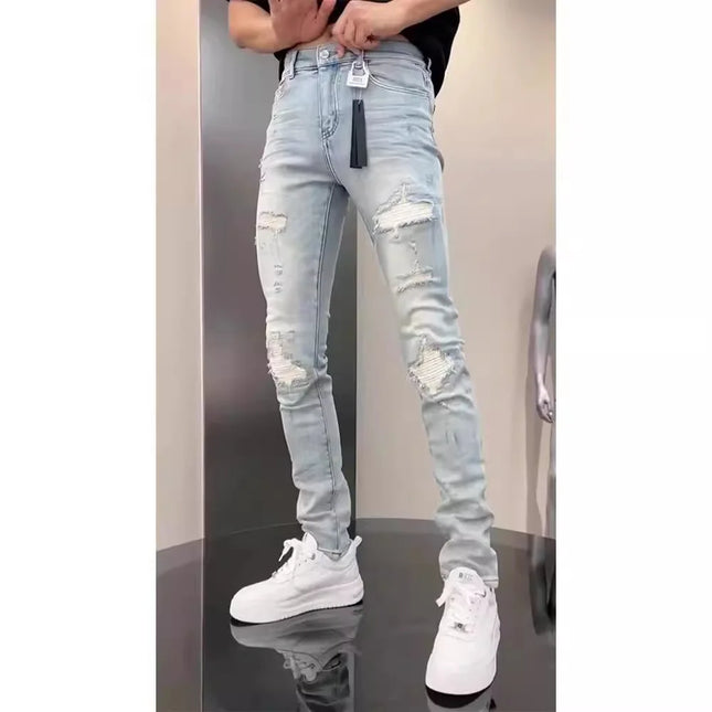 Vintage Blue Slim Fit Stretch Jeans For Men Casual Versatile Ripped Hole Skinny Denim Pencil Pants