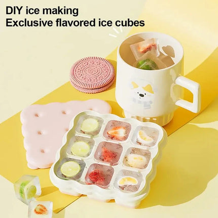 Cartoon 9 Grid Ice Cube Tray, Food Grade PP Ice Mold With Lid Household Freezer Ice Making Tool