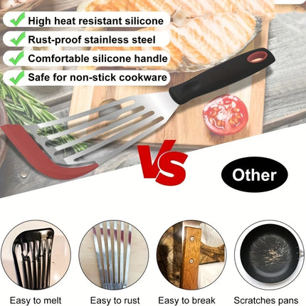 Stainless steel silicone spatula, high temperature resistant frying fish cooking spatula flipper kitchen household steak spatula
