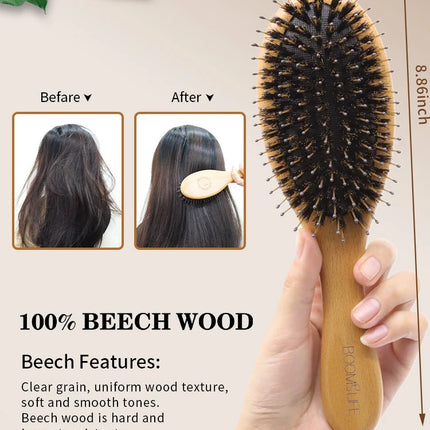 Custom Boar Bristle Hair Brush Women Hair Anti-Static Scalp Massage Comb Wood Hair Brush for Curly Thick Long Hair Detangler