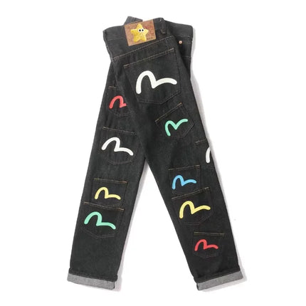 Japanese Handmade Embroidered Jeans Men's Pure Cotton Straight Tube Hip-Hop Popular Slim Red Ears Show Thin Trousers Devil Big M