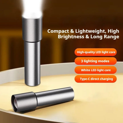 Mini Flashlight USB Rechargeable Aluminum Alloy Flashlight Super Bright LED Bead Adjustable Focus Long-range Portable Flashlight