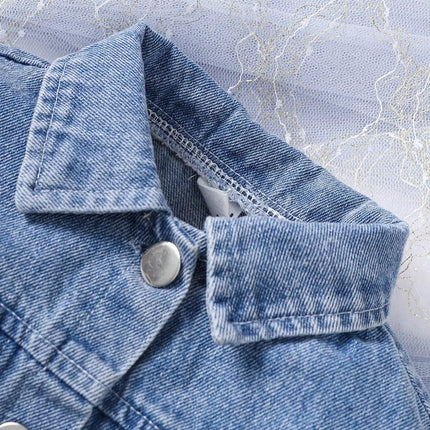 Baby Girl Autumn Trendy Three Piece Denim Jacket Black High Collar Knitted Top Denim Skirt Street Party Set