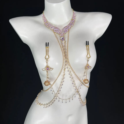 Purple Crystal Necklace with Nipple Clamps and Body Chain Metal Material Bells SM Nipple Stimulation Adult Toy Couples' Teasing