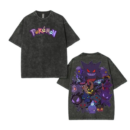 Pokemon Gengar T Shirt Men 2026 Summer Vintage Acid Wash Oversized Tee Japanese Anime Streetwear Hip Hop Harajuku Y2k