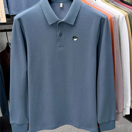 Men's Long-Sleeve Golf Polo Shirt, Branded Print, Spring, 100% Cotton, Comfortable, Breathable, Fashionable, Casual, High-End T-shirt