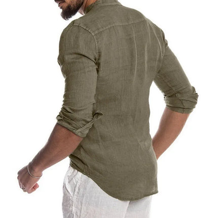 Men's casual long sleeve stand collar solid color shirt