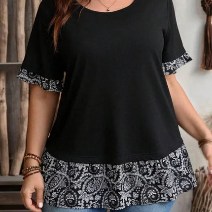Plus Size Women's Shirts 2025 New Summer Classical Casual Loose Blouses Short Sleeve O Neck Female Fashion Elegant Printing Tops
